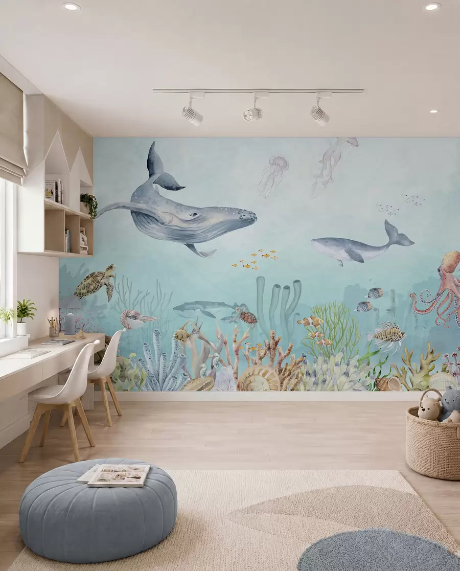 wall murals Marine universe, big whales, fish and turtles u95446