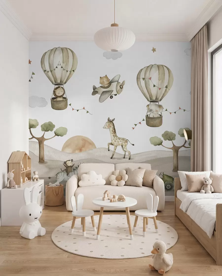wall murals Watercolor drawing with animals, balloons, plane and car u95882