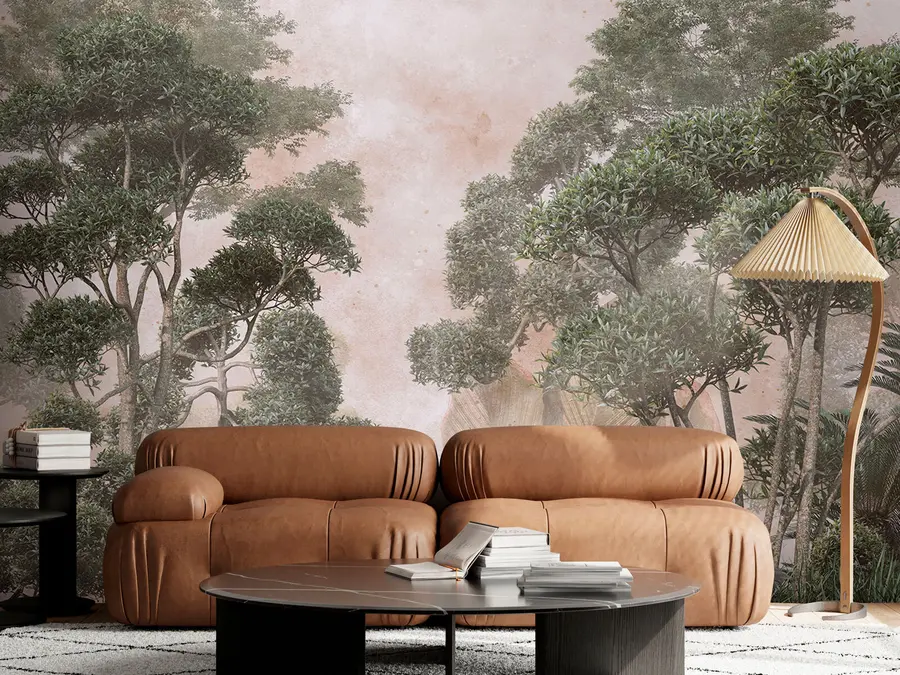 Wall Mural Photo Wallpaper Tropical trees in a foggy forest with large leaves in the background u95902