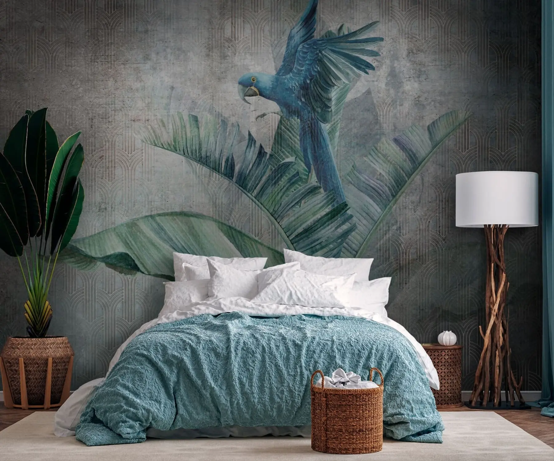 wall murals Big blue parrot on banana tree with grunge concrete texture u95432