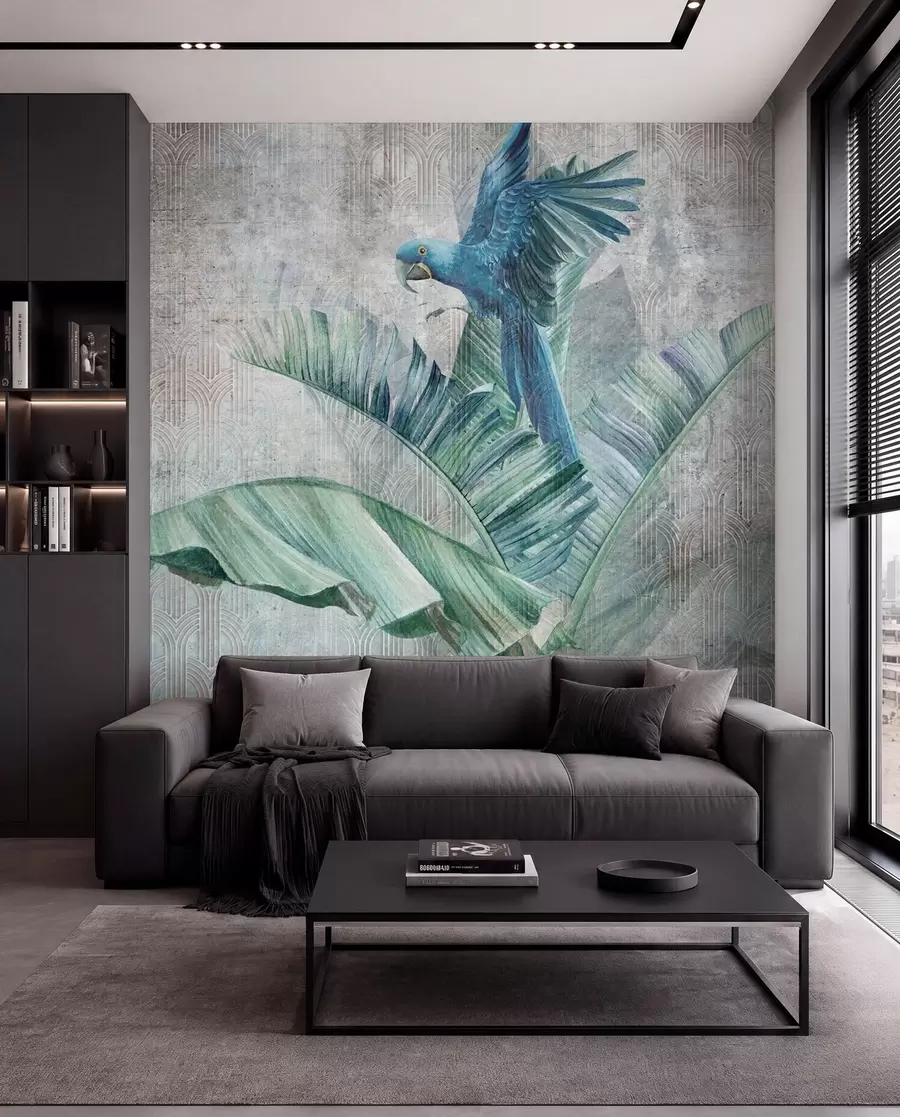 wall murals Big blue parrot on banana tree with grunge concrete texture u95432