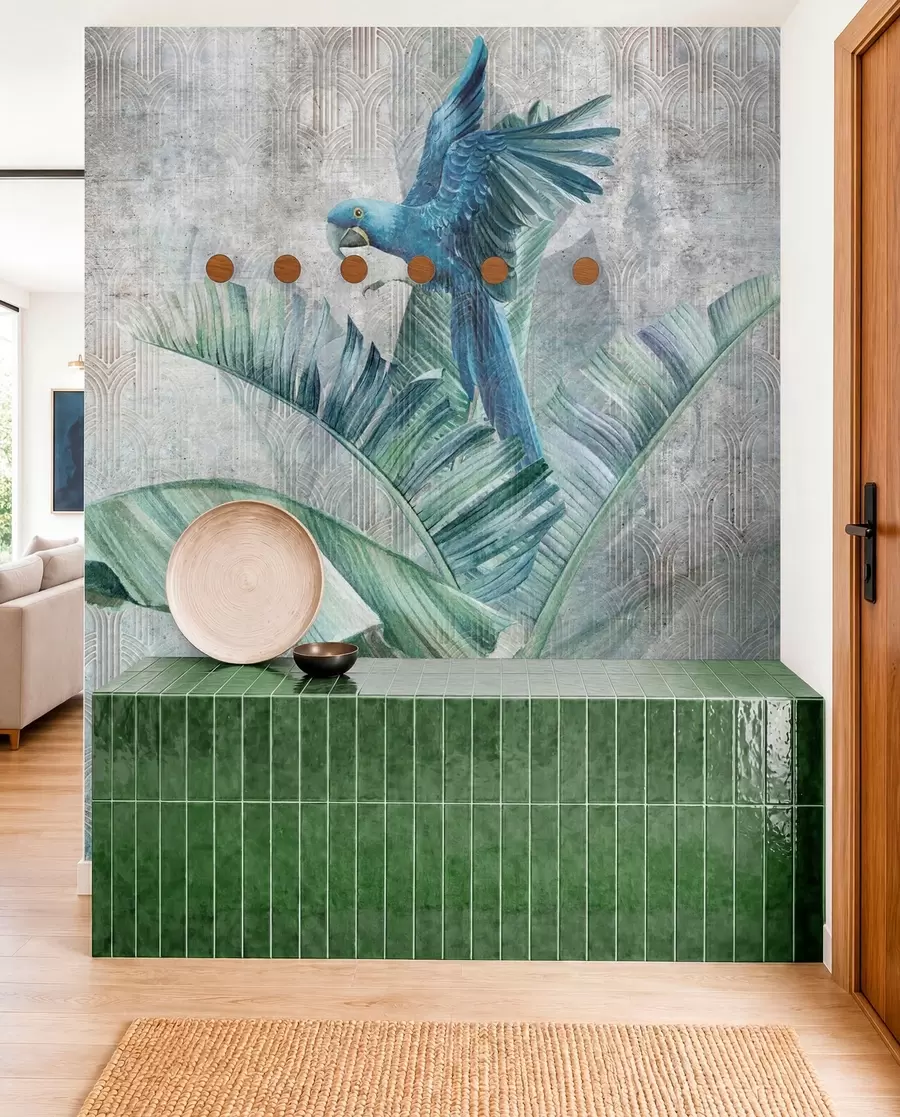 peintures murales Grand perroquet bleu sur un bananier avec texture béton grunge u95432
