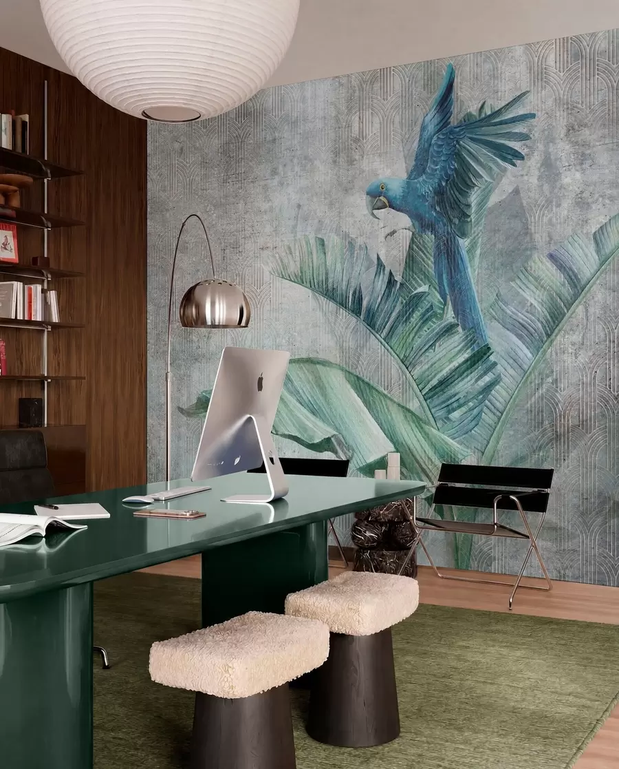 Wall Mural Photo Wallpaper Big blue parrot on banana tree with grunge concrete texture u95432