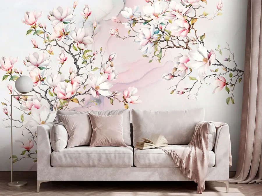 murales Magnolias en flor sobre fondo de mármol u96114