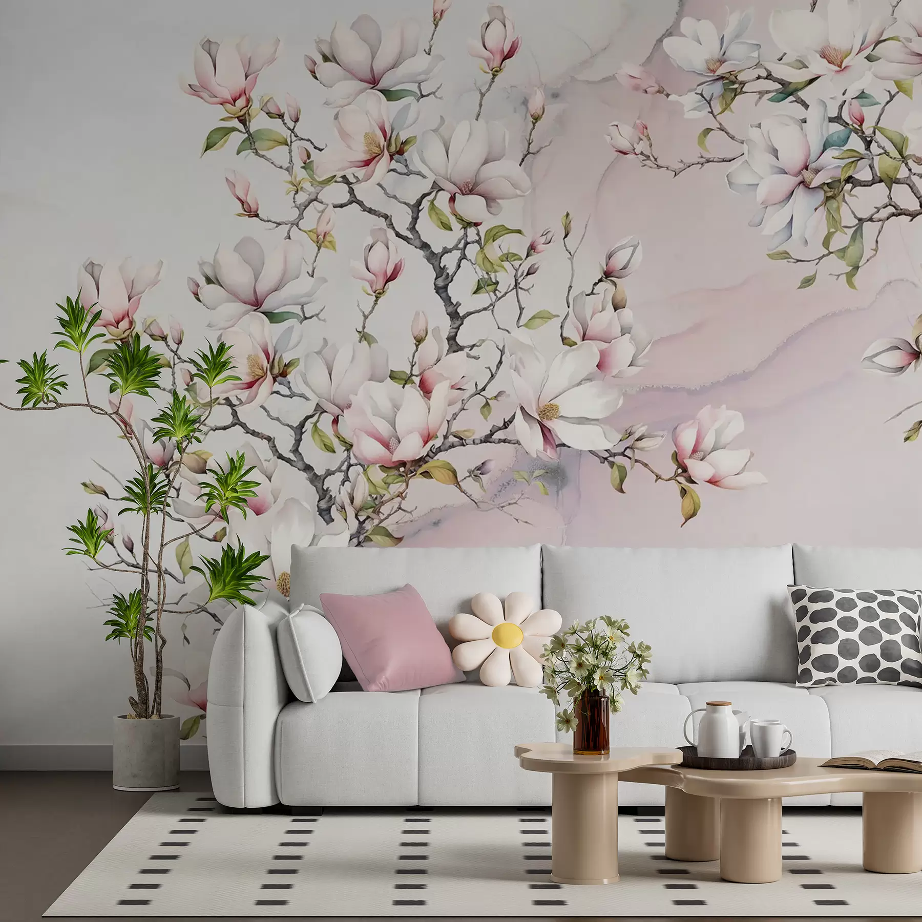 murales Magnolias en flor sobre fondo de mármol u96114
