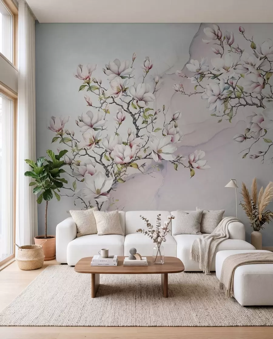 murales Magnolias en flor sobre fondo de mármol u96114