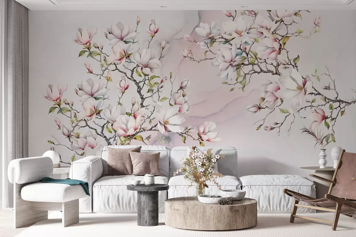 murales Magnolias en flor sobre fondo de mármol u96114