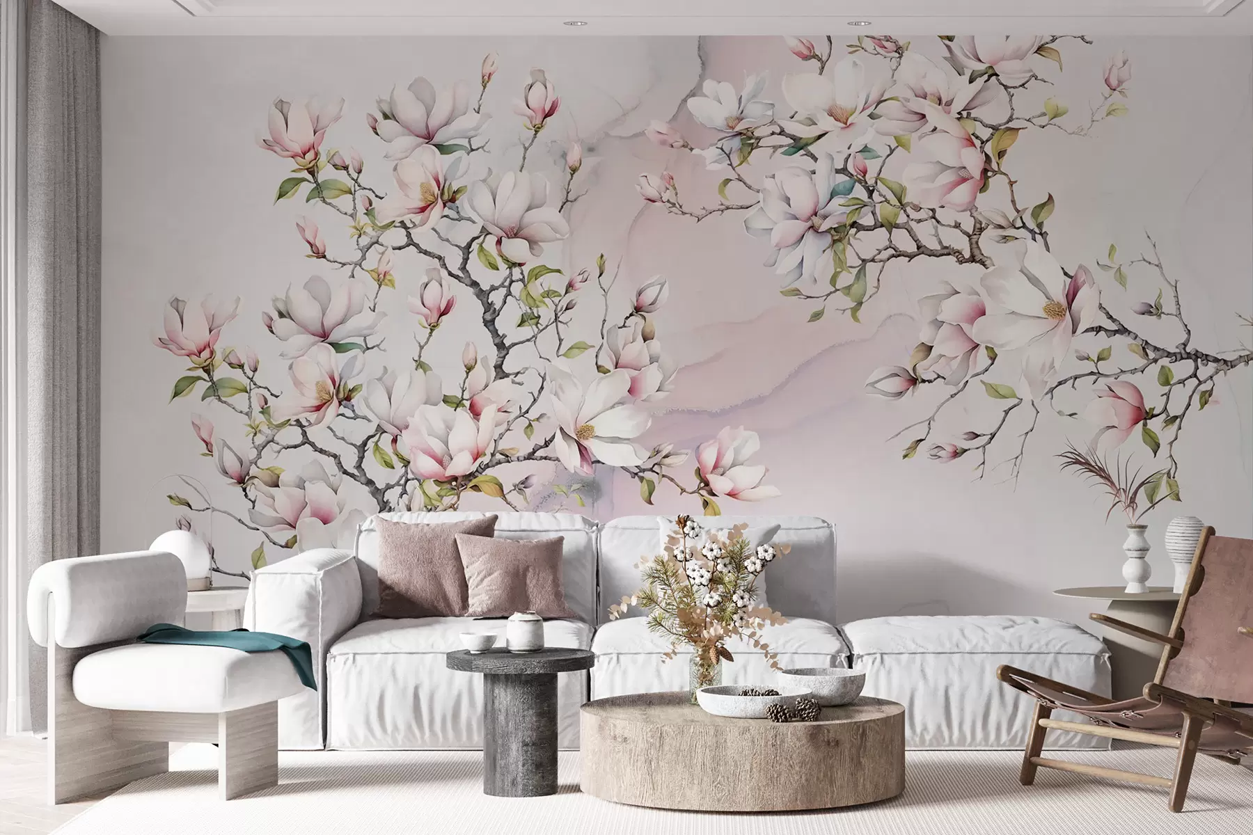 Wall Mural Photo Wallpaper Blooming magnolia trees on a marble background u96114