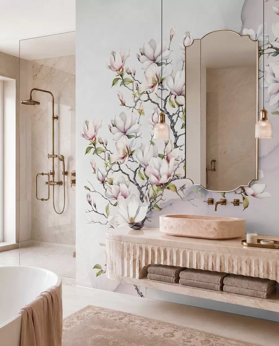 wall murals Blooming magnolia trees on a marble background u96114