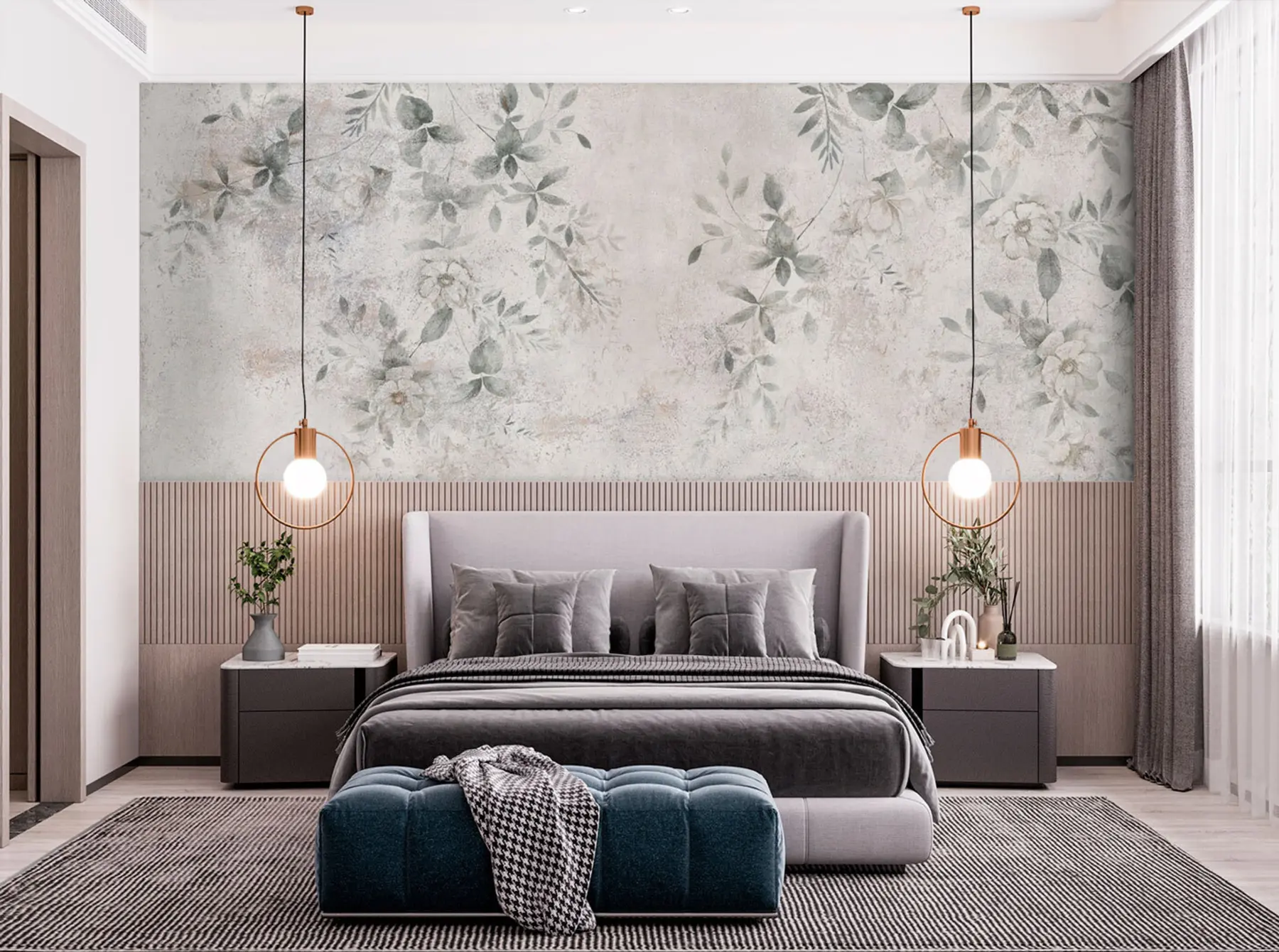 wall murals Flowers with branches on concrete grunge background minimalism u96140