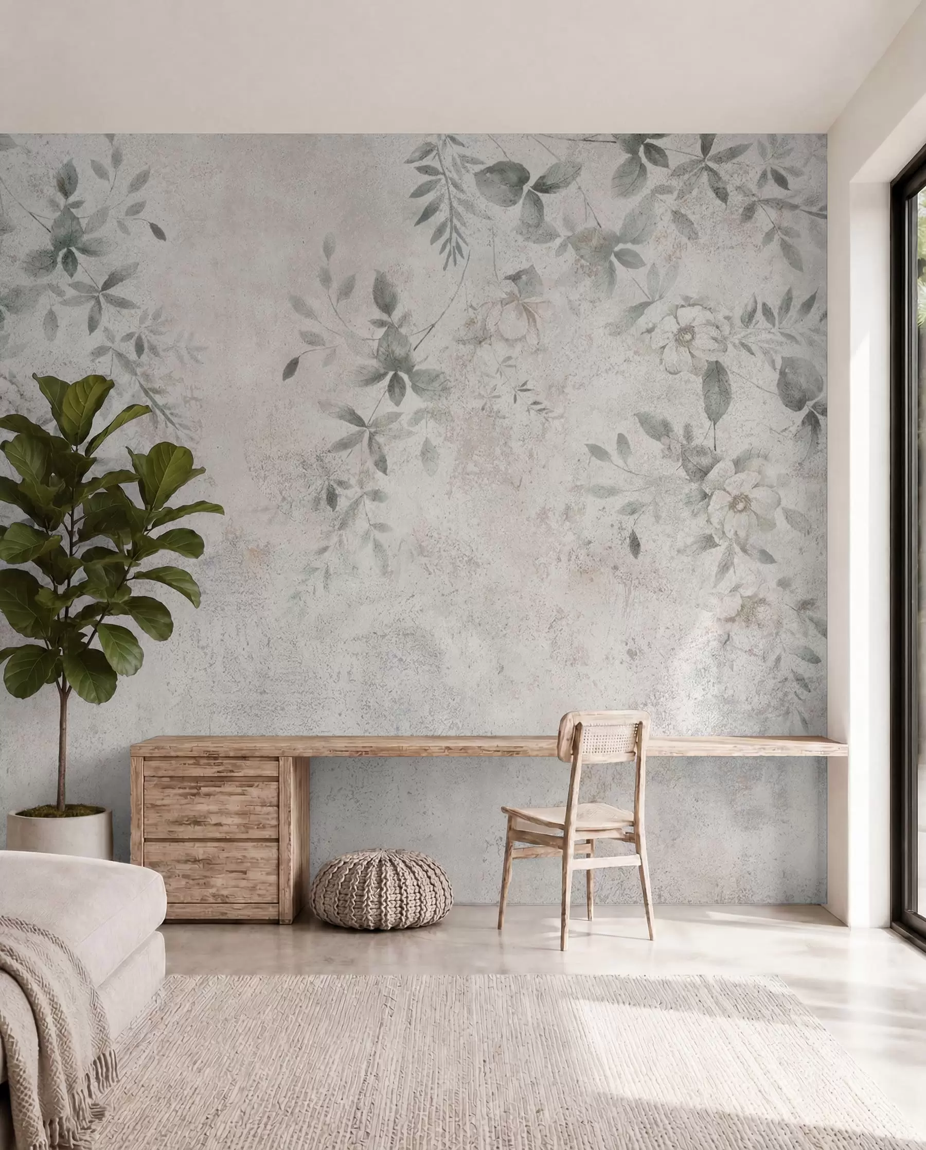 wall murals Flowers with branches on concrete grunge background minimalism u96140