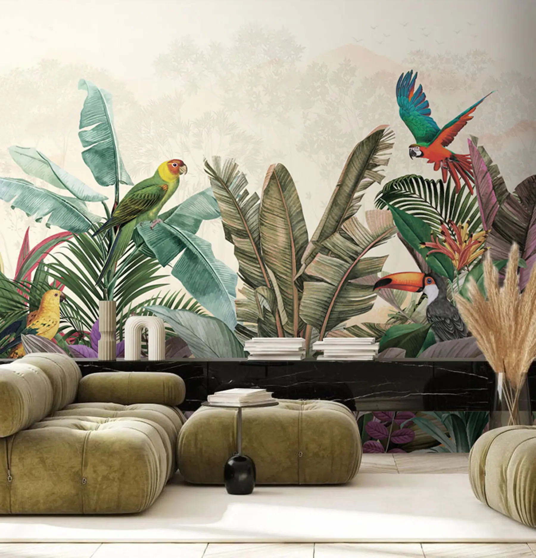 wall murals Vintage tropical birds parrot in tropical leaves u96144