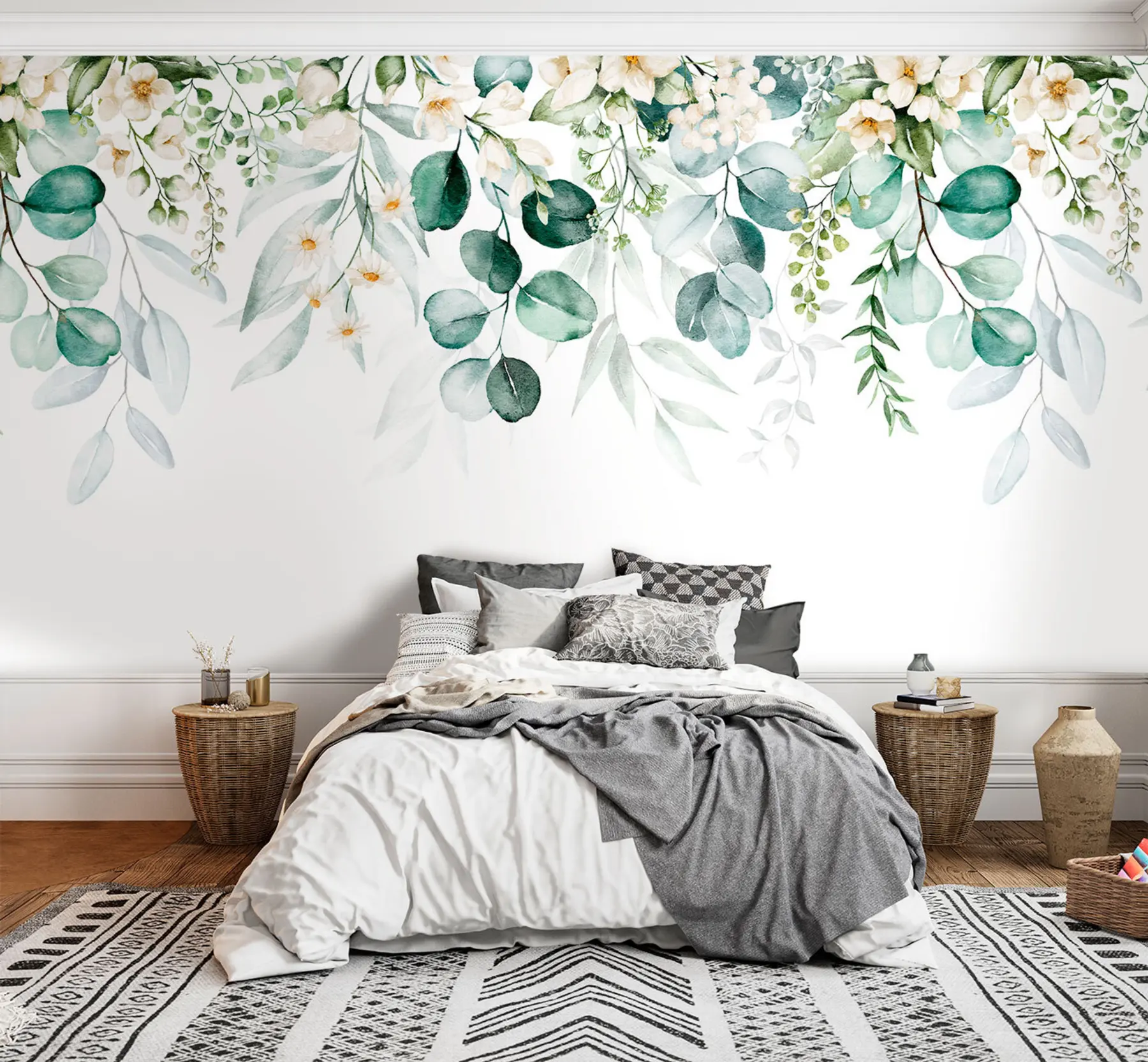 Wall Mural Photo Wallpaper Illustration with green leaves, white flowers, peony and branches u96063
