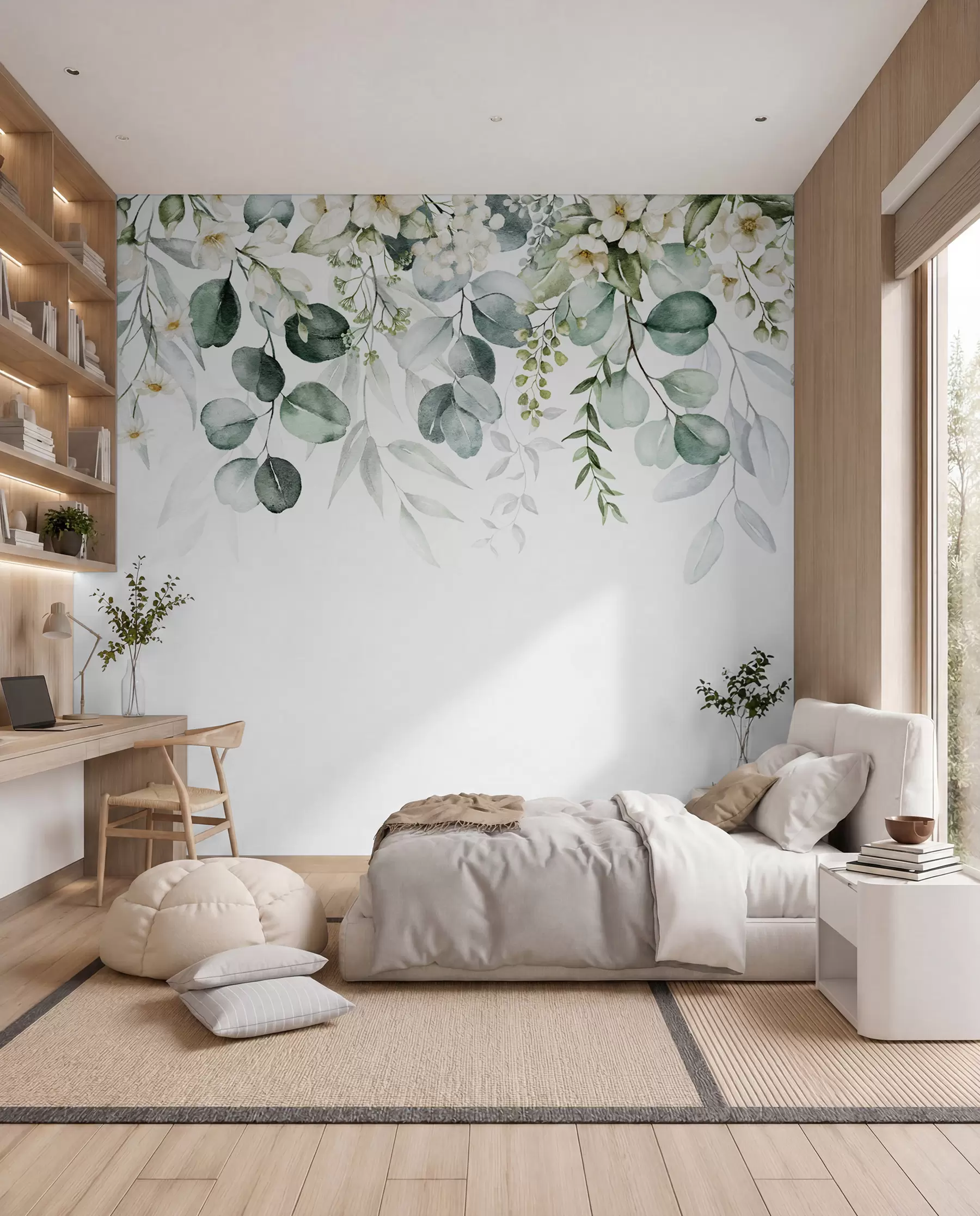 peintures murales Illustration avec feuilles vertes, fleurs blanches, pivoine et branches u96063