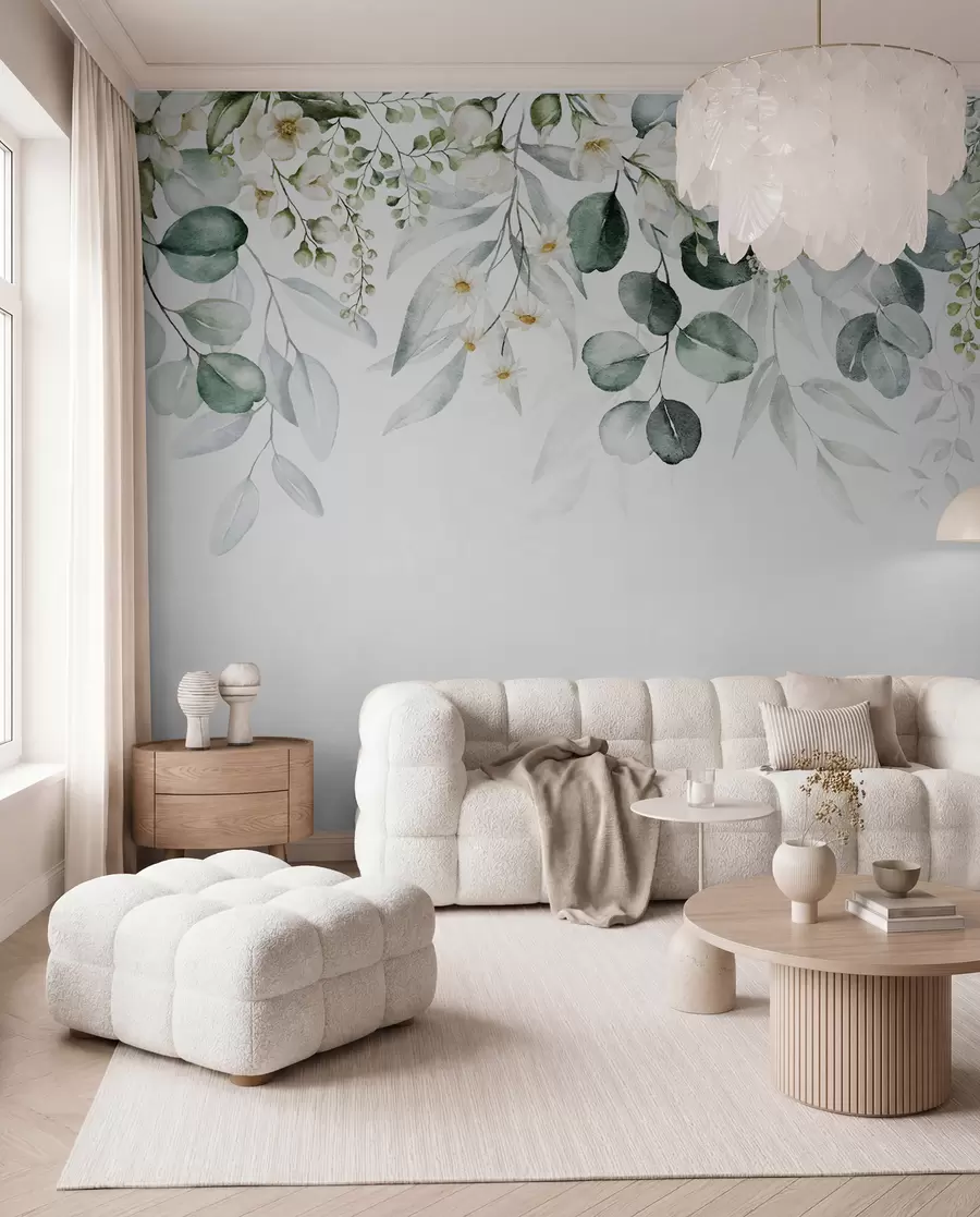 Wall Mural Photo Wallpaper Illustration with green leaves, white flowers, peony and branches u96063