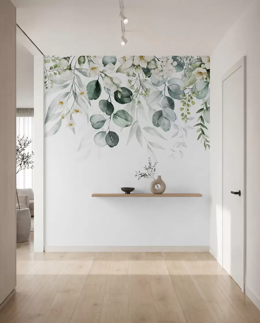 peintures murales Illustration avec feuilles vertes, fleurs blanches, pivoine et branches u96063