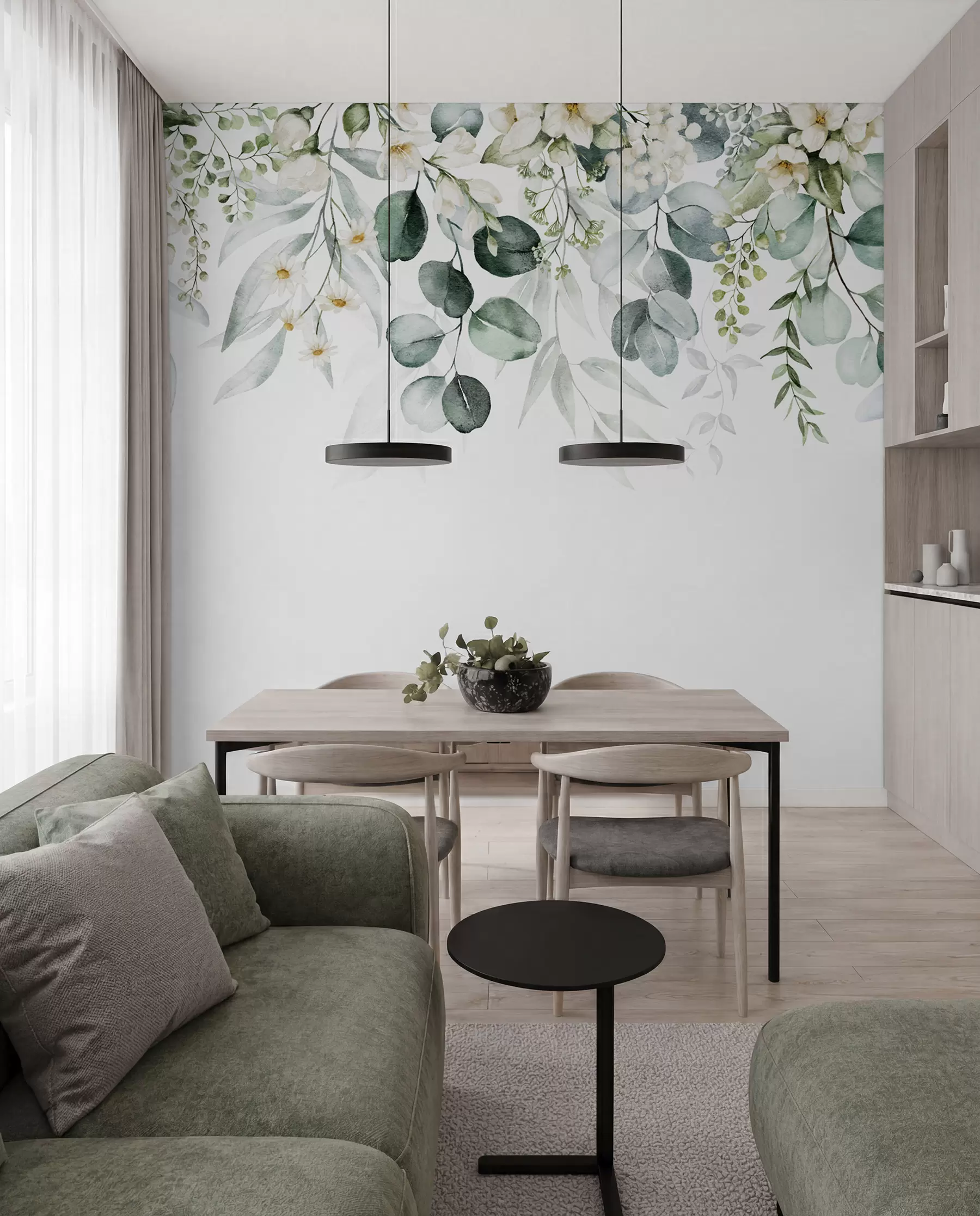 peintures murales Illustration avec feuilles vertes, fleurs blanches, pivoine et branches u96063