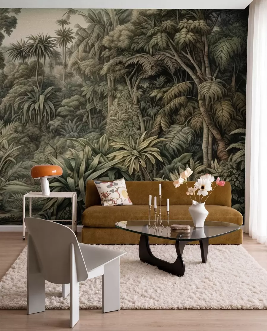 peintures murales Belle jungle verte abstraite avec des feuilles tropicales u96093