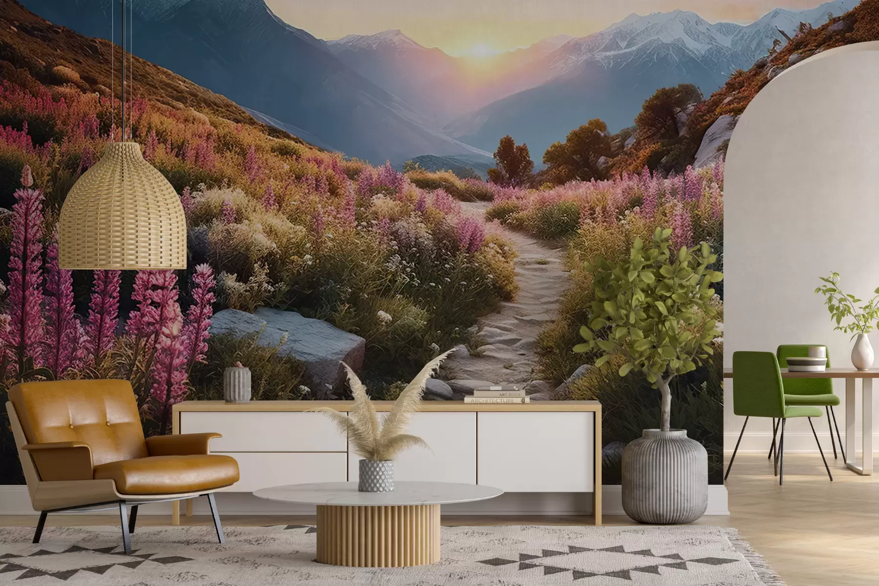 wall murals Mountain landscape magical flowers u96210