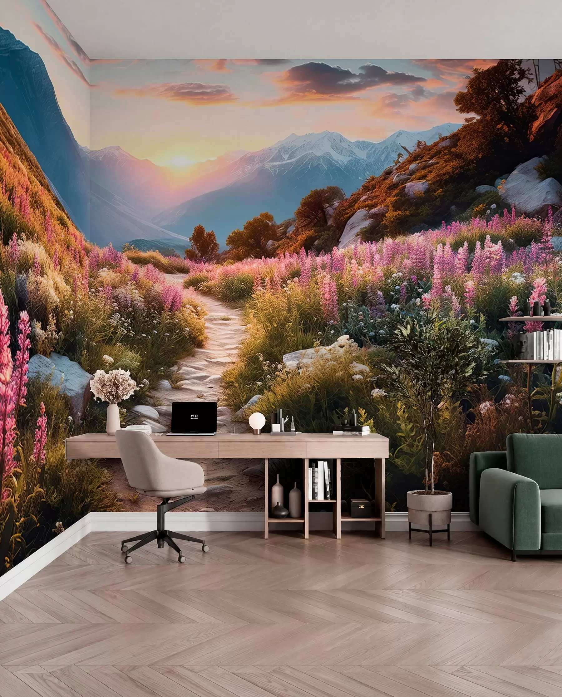 Wall Mural Photo Wallpaper Mountain landscape magical flowers u96210