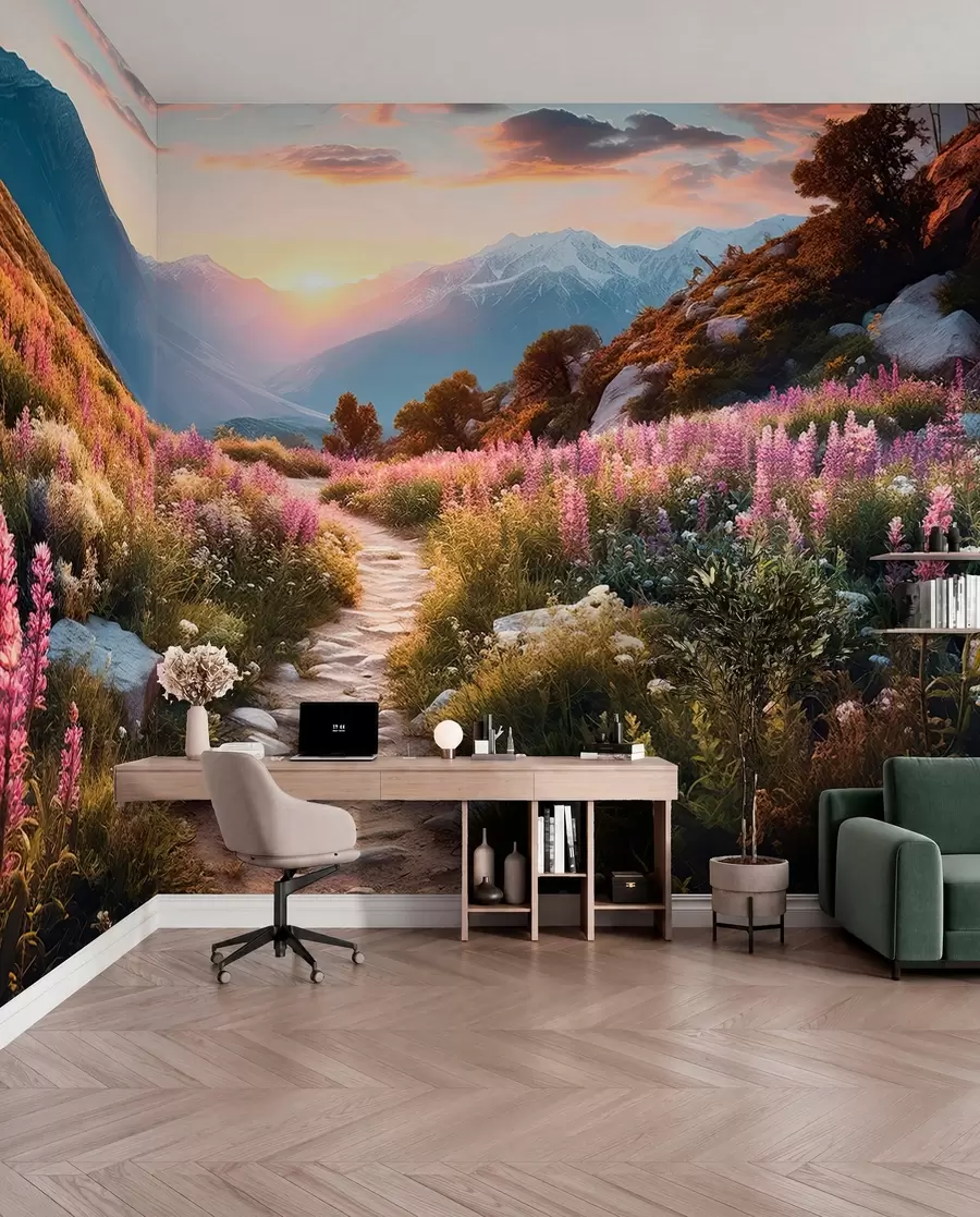 Wall Mural Photo Wallpaper Mountain landscape magical flowers u96210