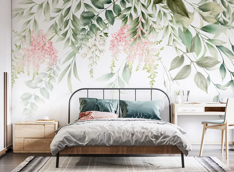 Wall Mural Photo Wallpaper Foliage with pink flowers u95923