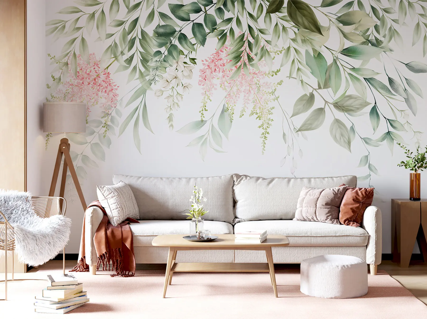wall murals Foliage with pink flowers u95923