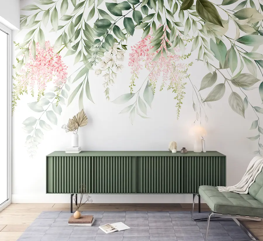 Wall Mural Photo Wallpaper Foliage with pink flowers u95923