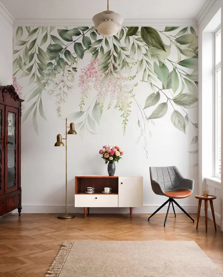 Wall Mural Photo Wallpaper Foliage with pink flowers u95923