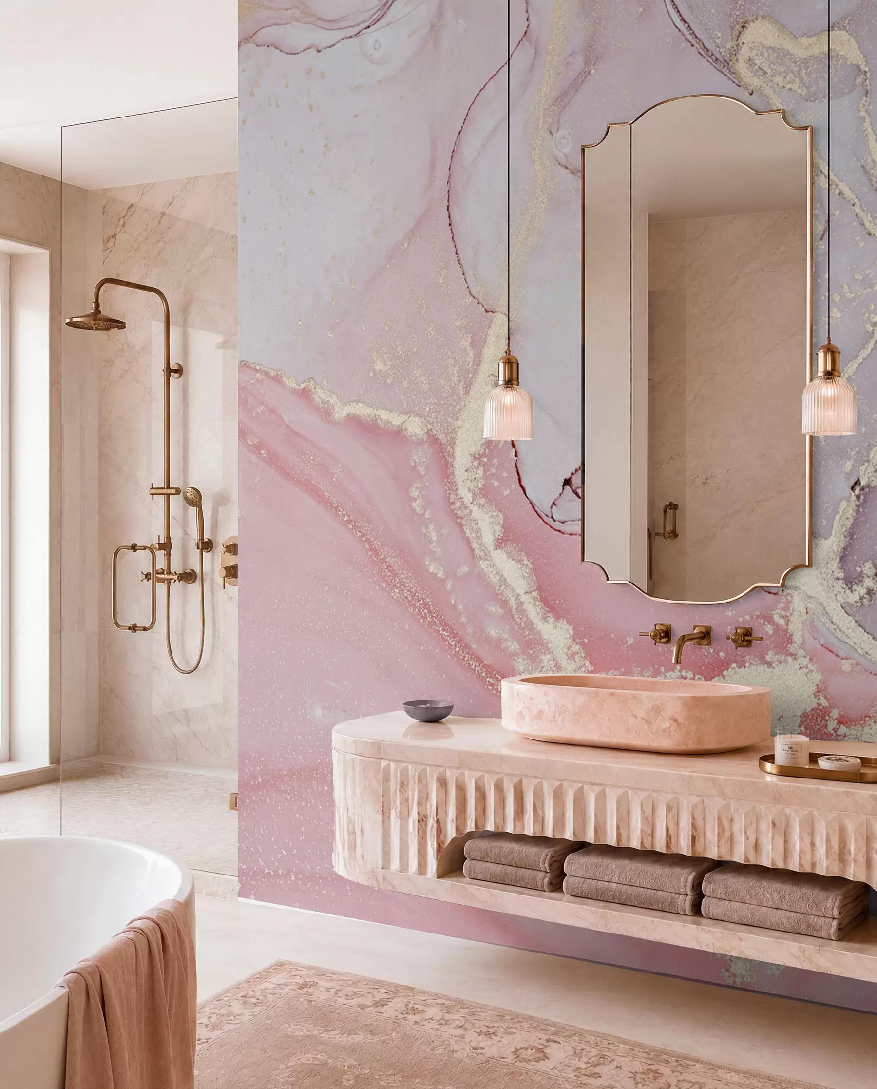 Wall Mural Photo Wallpaper Pink Marble with Golden Veins u13857