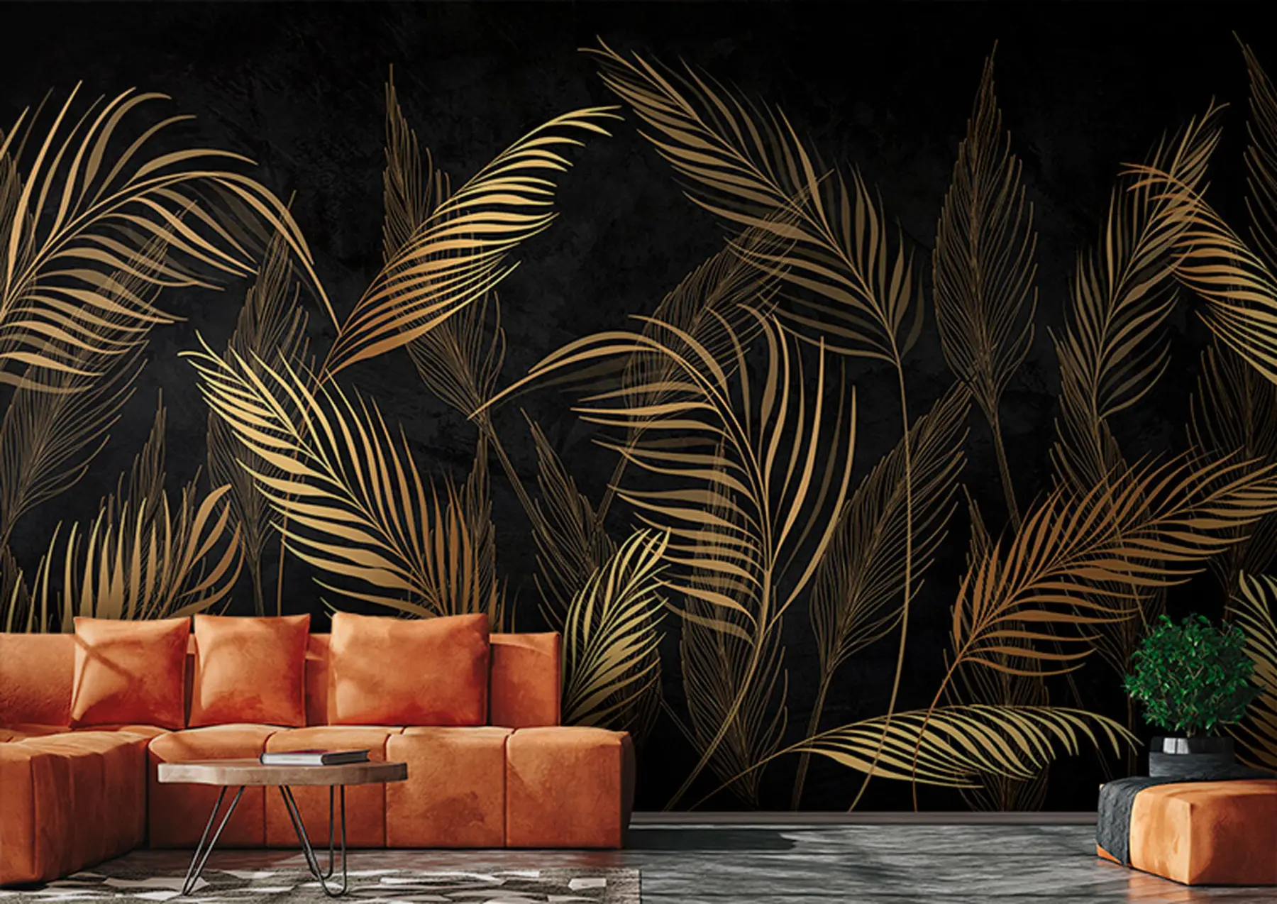 wall murals Palm leaves on black wall background u96318