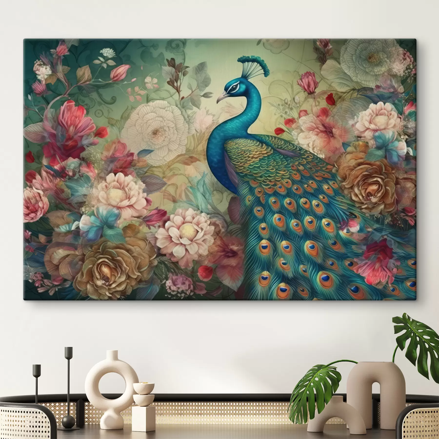 murales Un pavo real de colores vivos entre flores en flor s34869