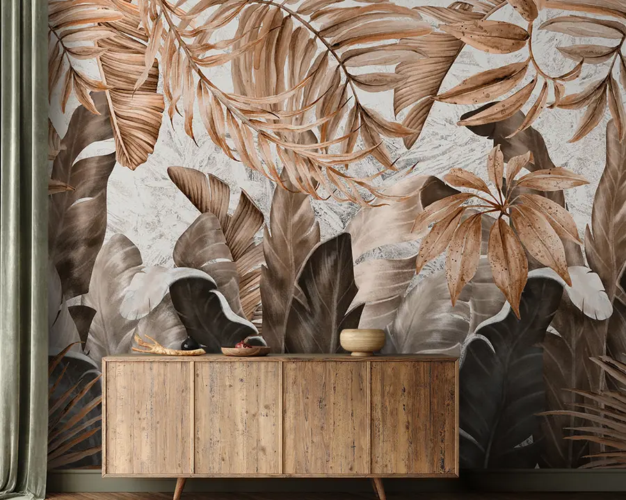 Wall Mural Photo Wallpaper Tropical leaves in loft style u95674