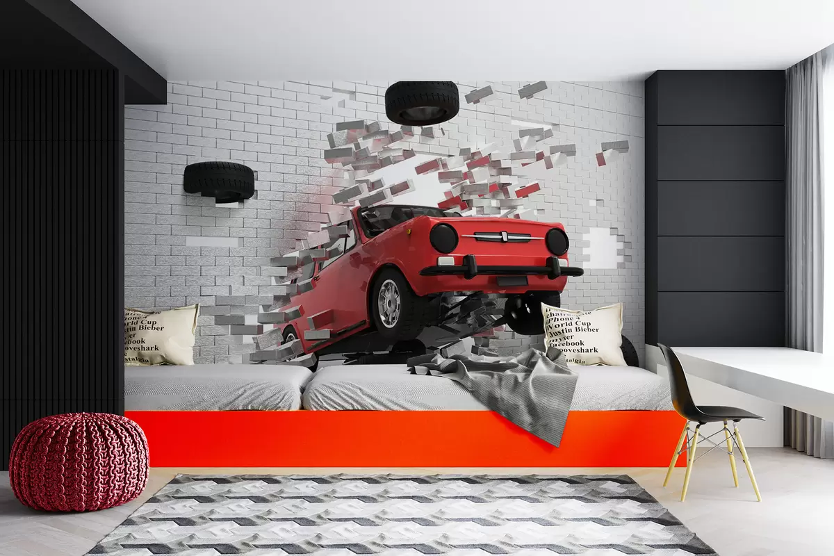 wall murals Red retro car breaks through a light brick wall u96599