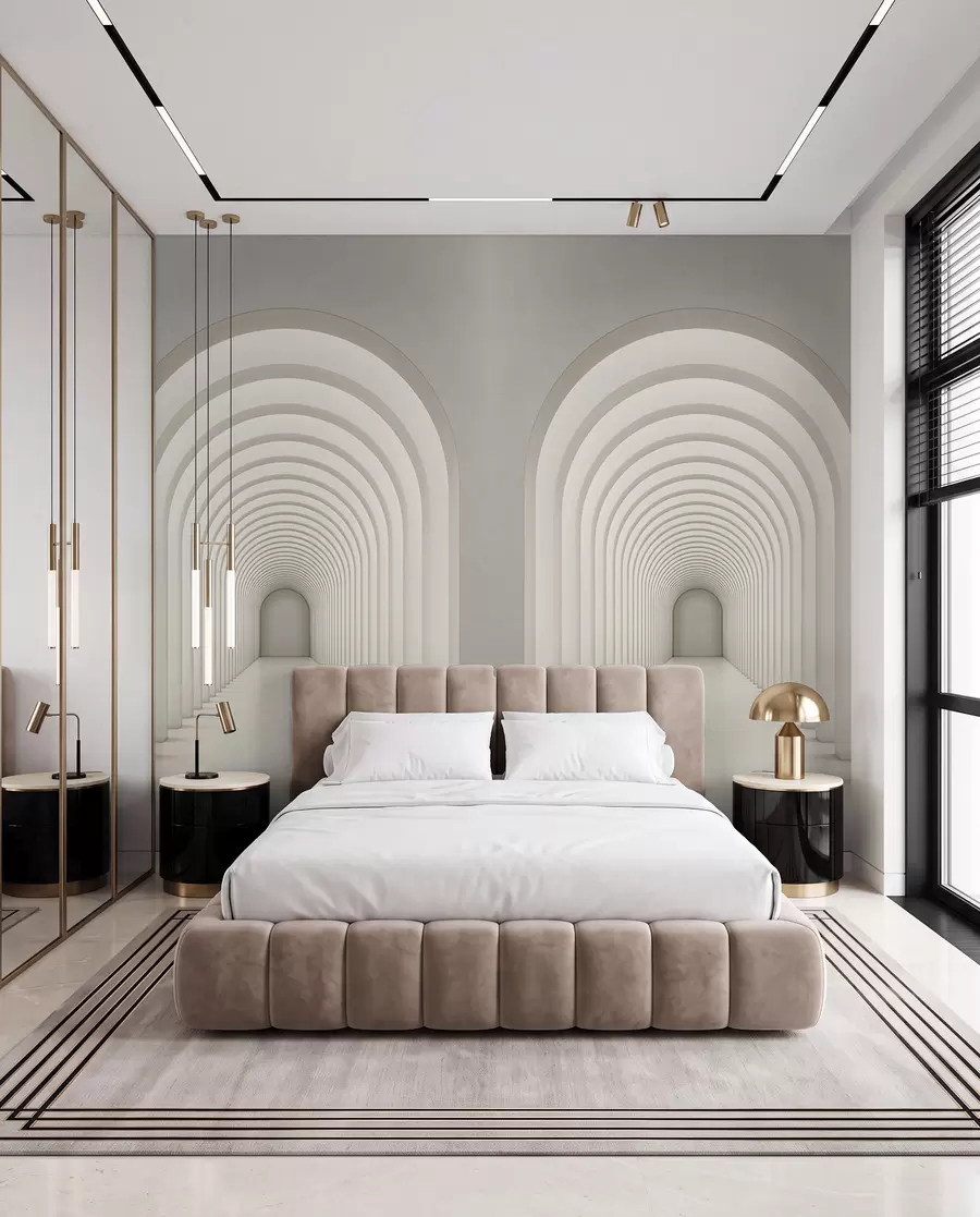 wall murals White concrete arch lined up in a long line with light u96604