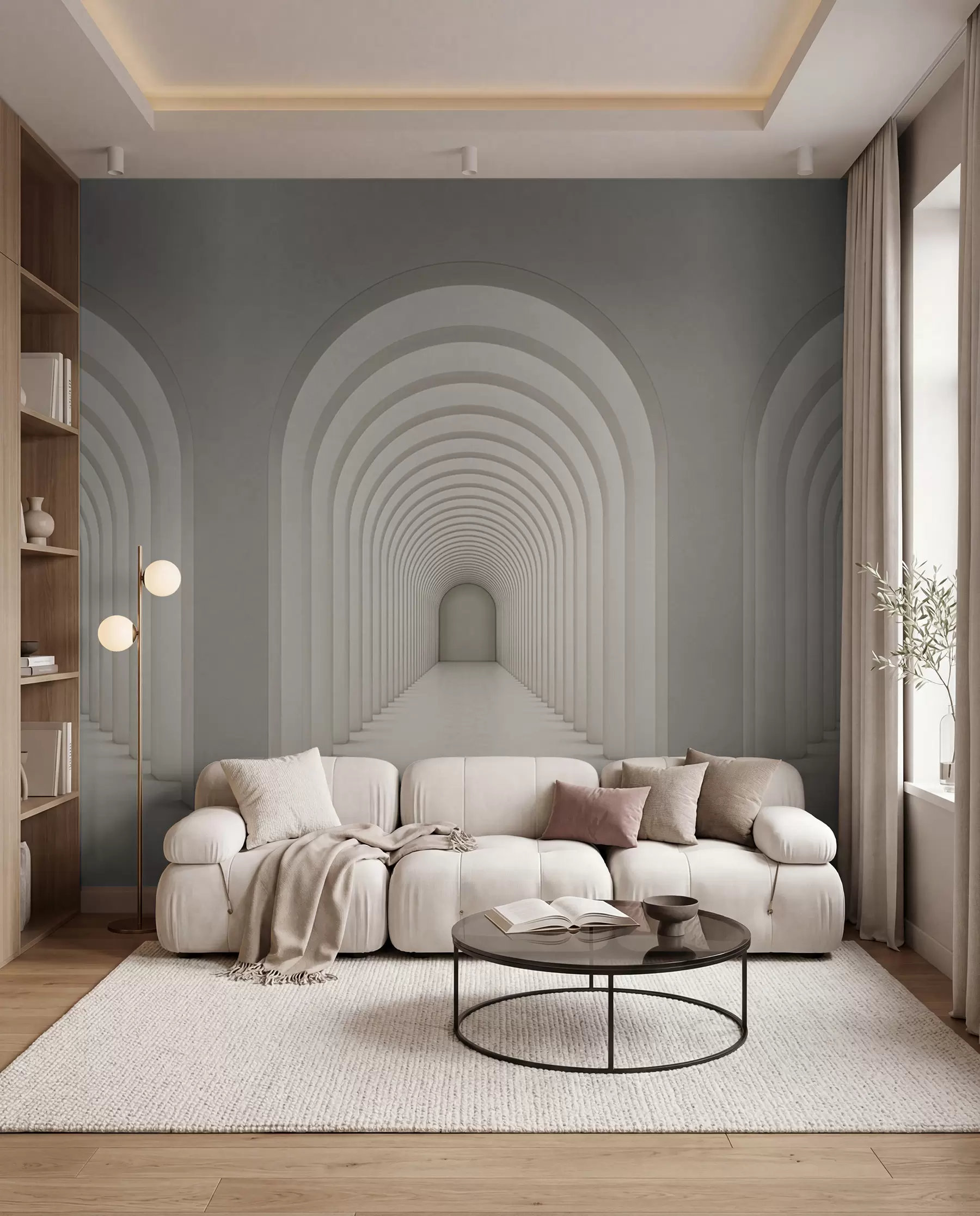 Wall Mural Photo Wallpaper White concrete arch lined up in a long line with light u96604