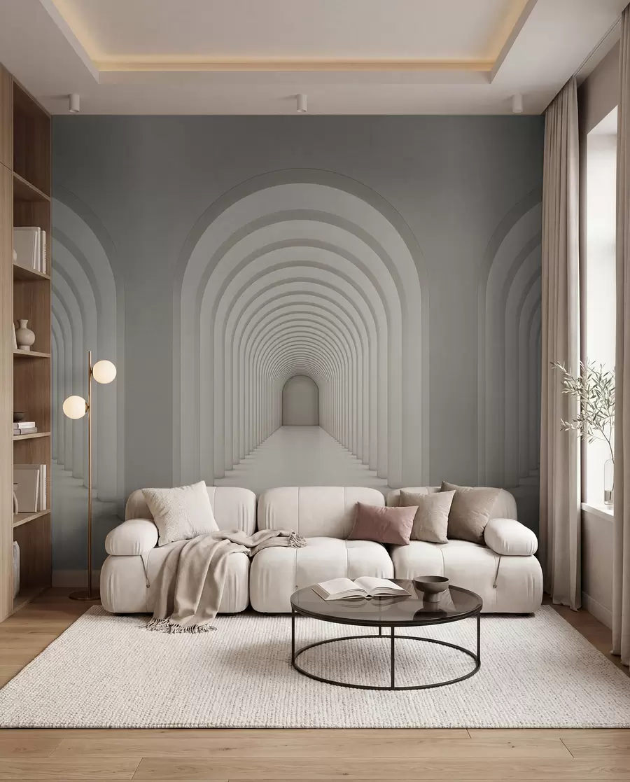 wall murals White concrete arch lined up in a long line with light u96604