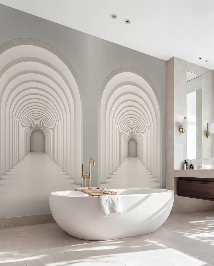 wall murals White concrete arch lined up in a long line with light u96604