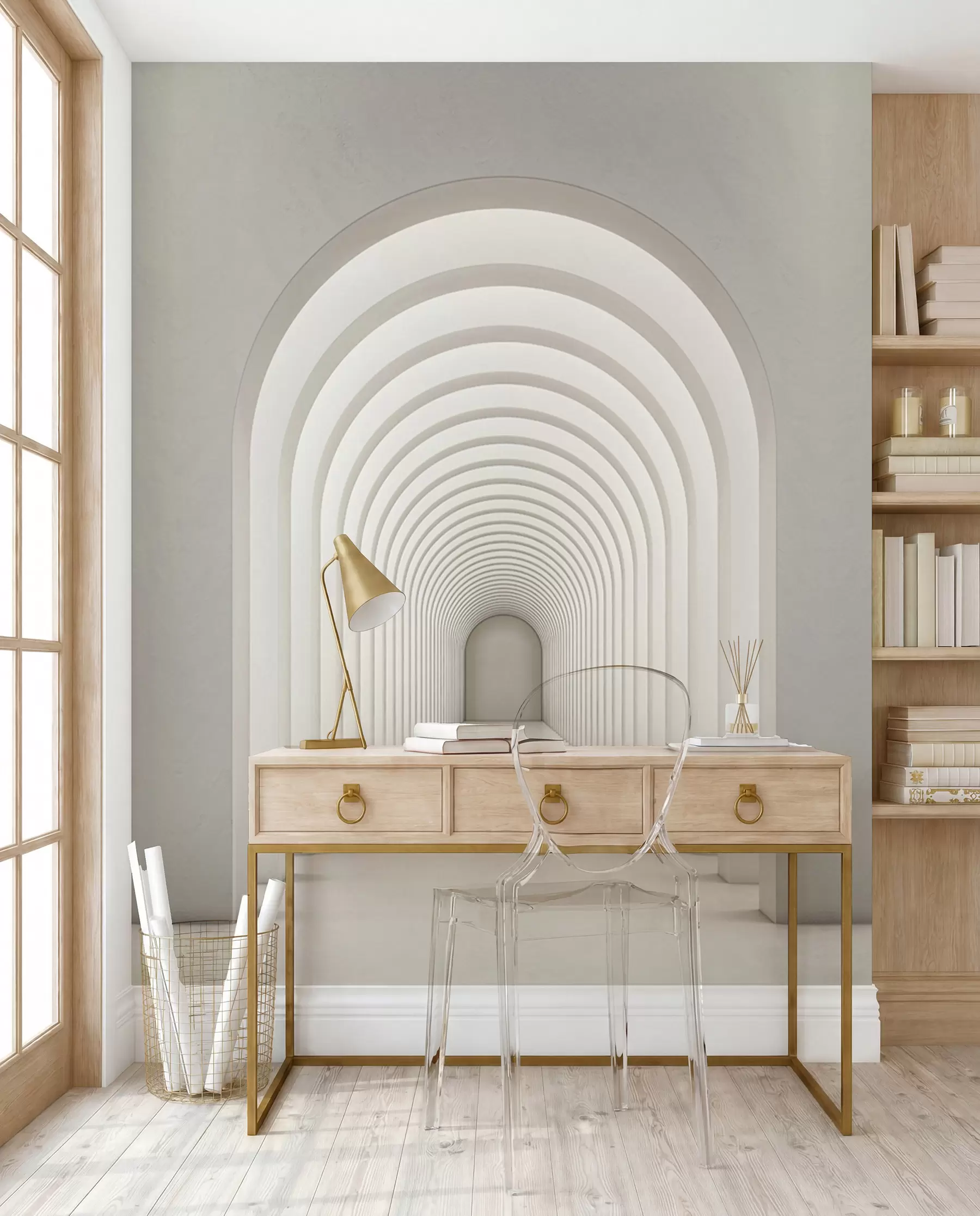 Wall Mural Photo Wallpaper White concrete arch lined up in a long line with light u96604