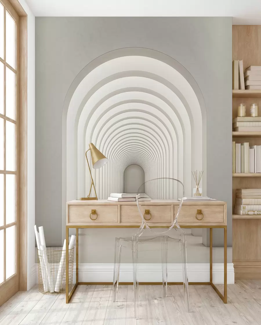 wall murals White concrete arch lined up in a long line with light u96604