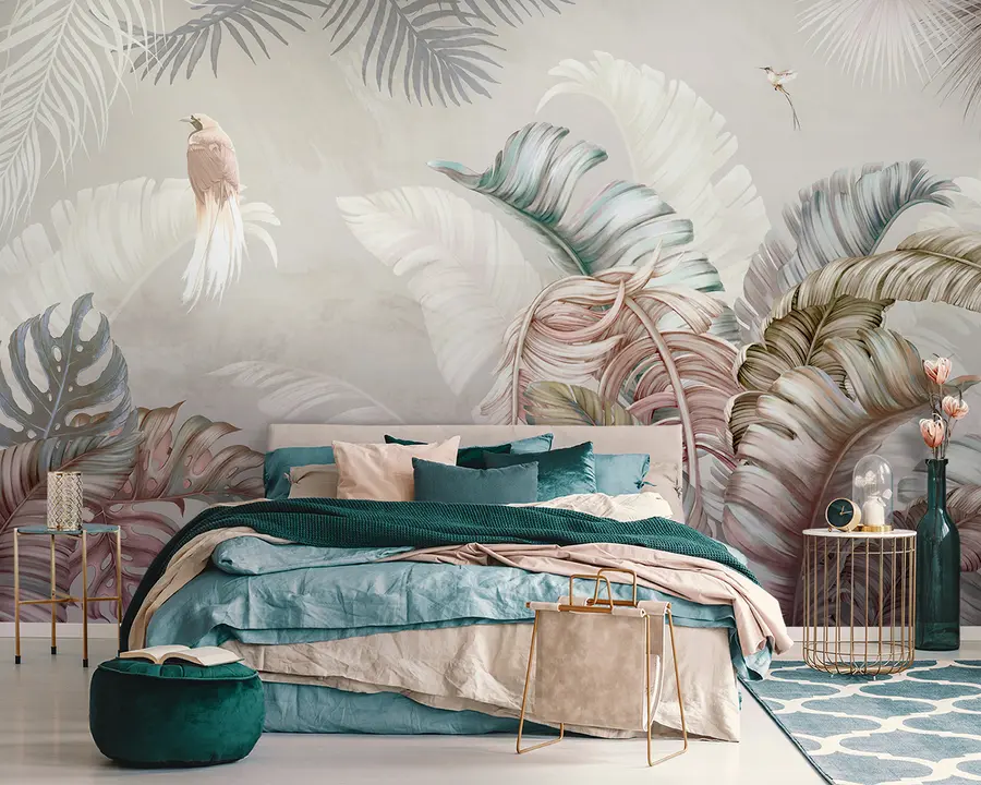 Wall Mural Photo Wallpaper Tropical illustration with palm banana leaves and birds u96254