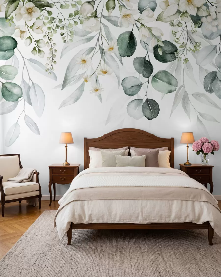 peintures murales Aquarelle de feuilles vertes et de fleurs u96336