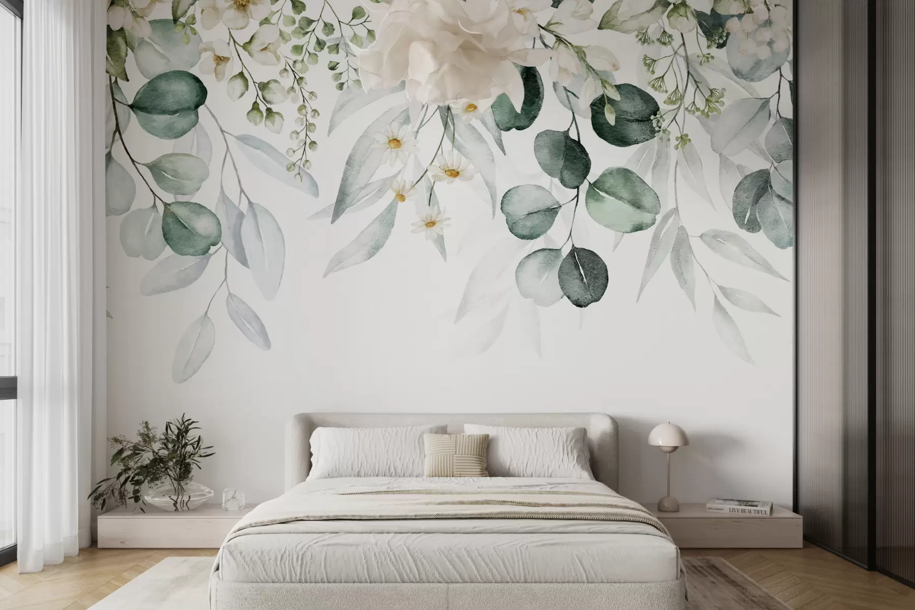 Wall Mural Photo Wallpaper Watercolor green leaves with flowers u96336