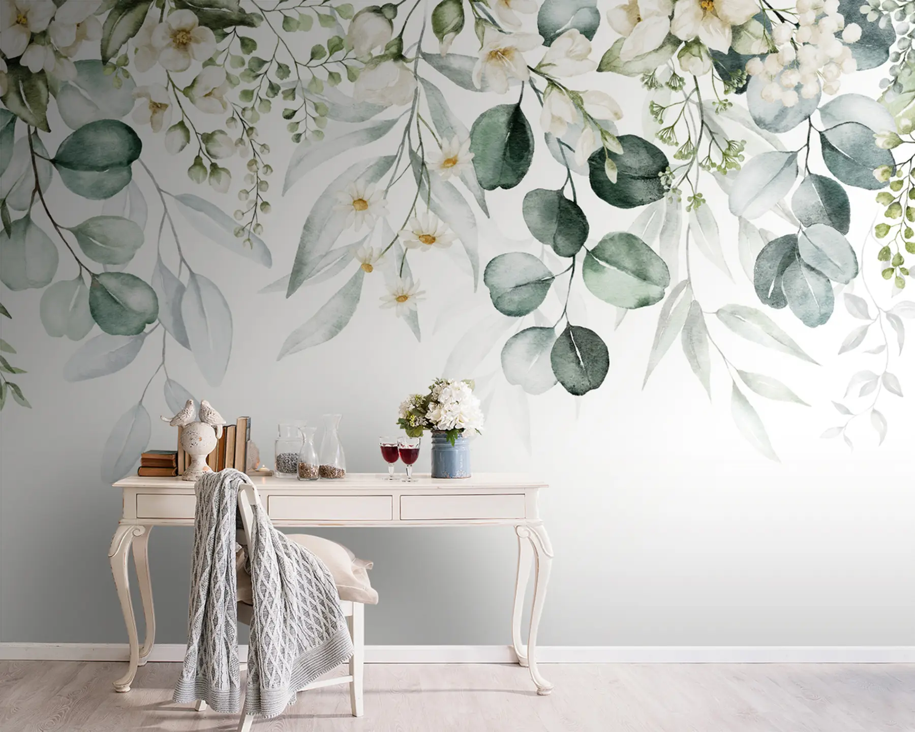 Wall Mural Photo Wallpaper Watercolor green leaves with flowers u96336