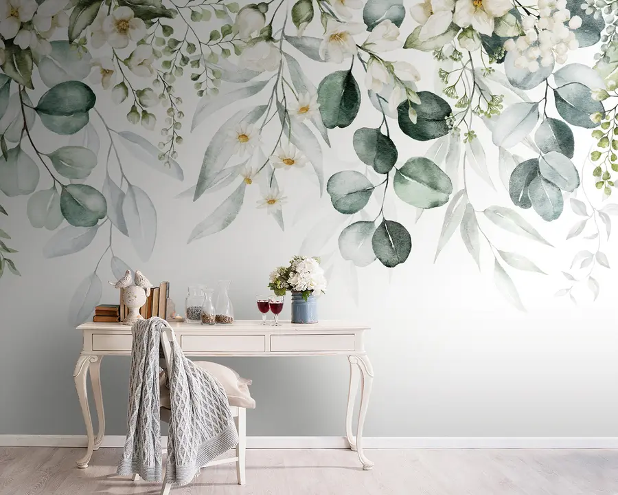 Wall Mural Photo Wallpaper Watercolor green leaves with flowers u96336