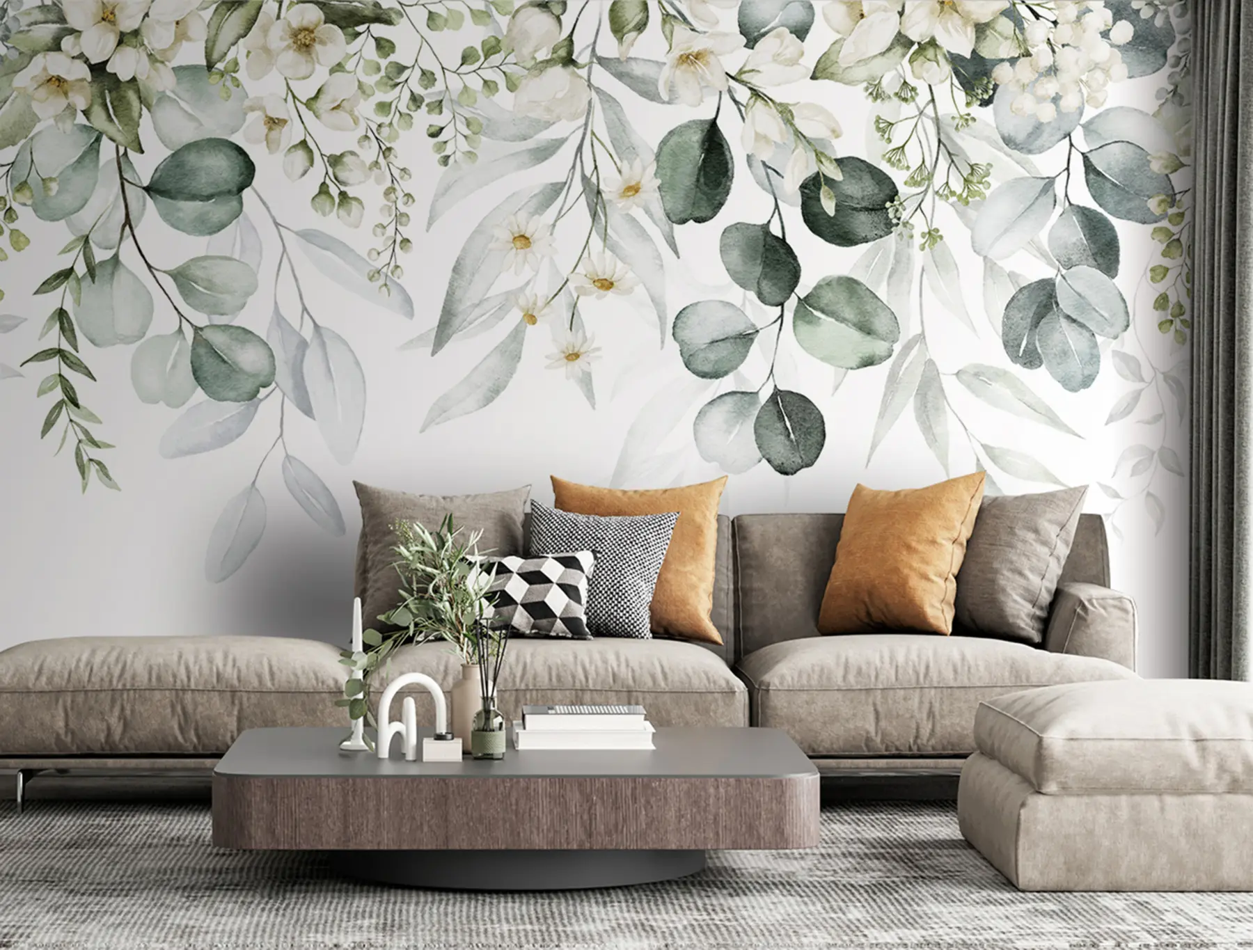 Wall Mural Photo Wallpaper Watercolor green leaves with flowers u96336