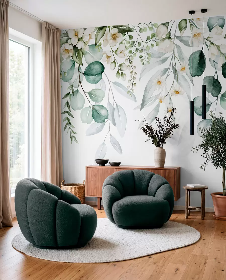 Wall Mural Photo Wallpaper Watercolor green leaves with flowers u96336