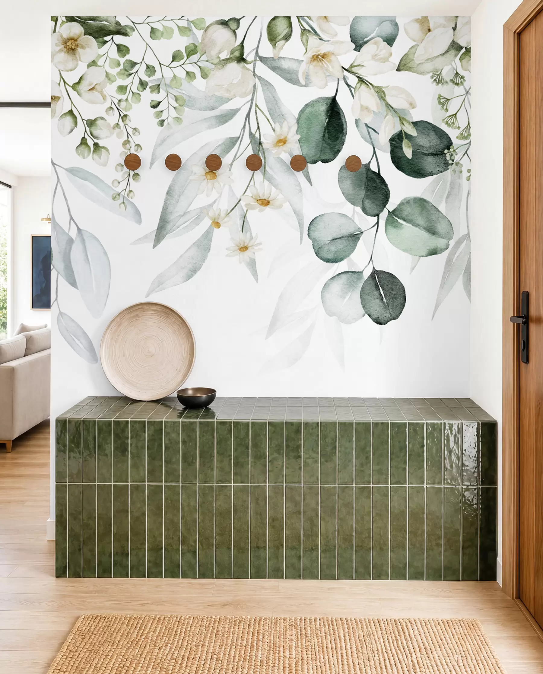 Wall Mural Photo Wallpaper Watercolor green leaves with flowers u96336