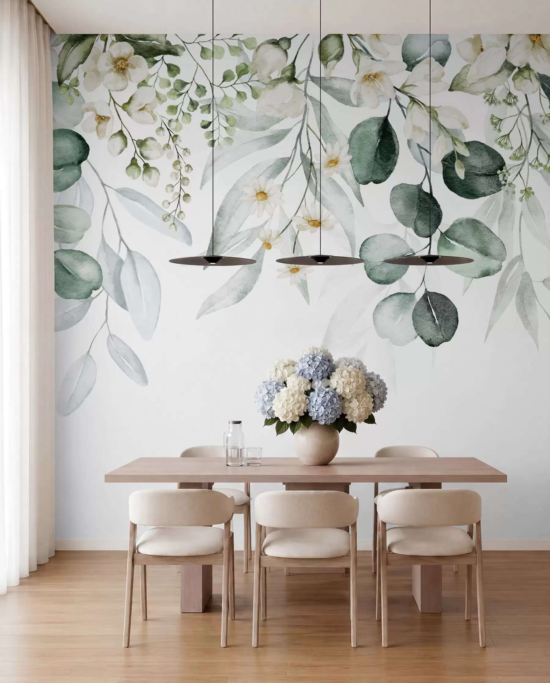 wall murals Watercolor green leaves with flowers u96336