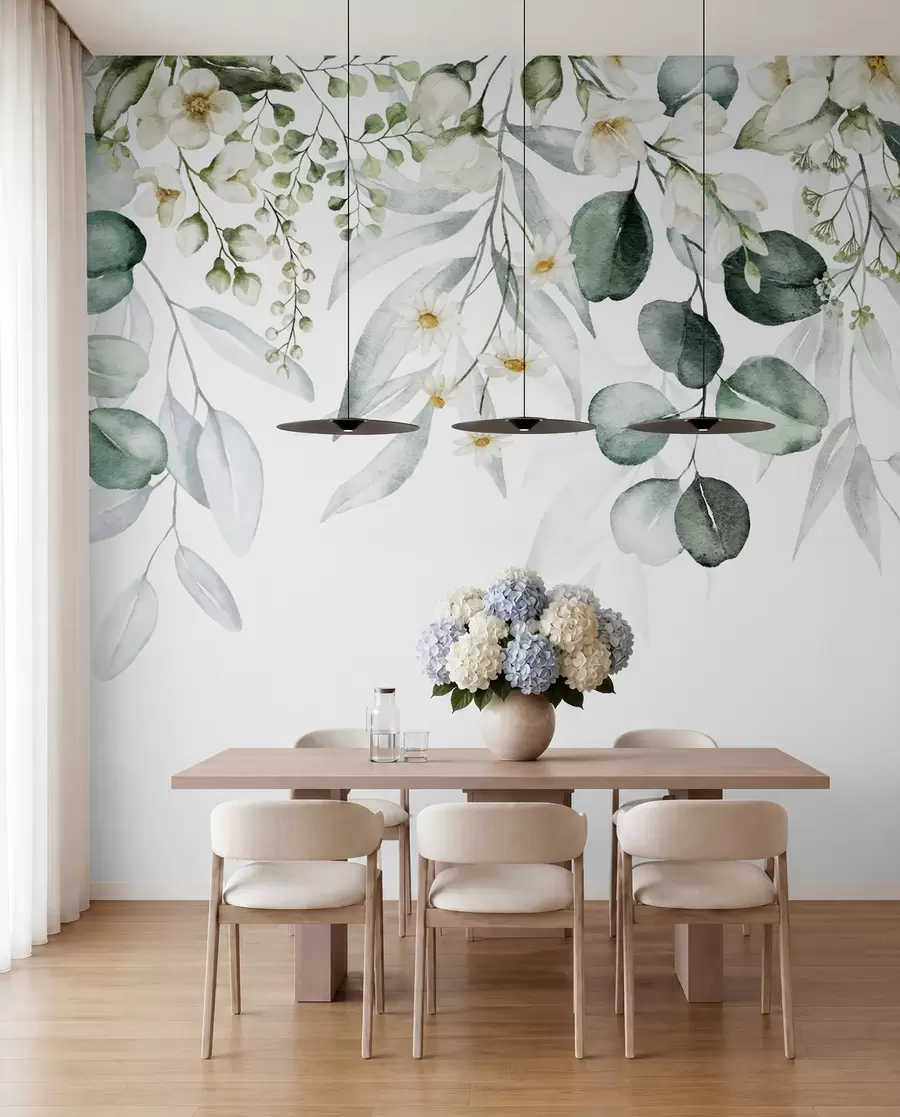 wall murals Watercolor green leaves with flowers u96336